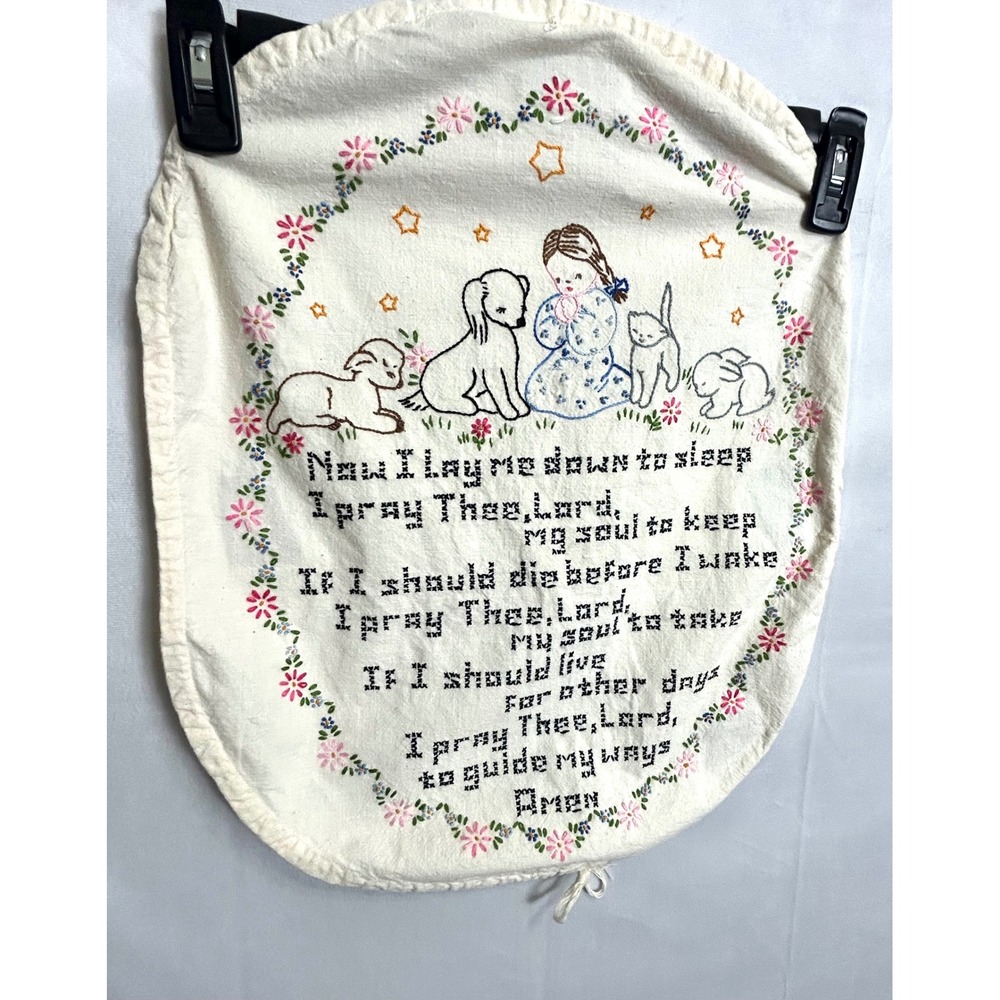 Vintage Hand Embroidered Now I Lay Me Down To Sleep Prayer Wall Hanging Nursery - Picture 11 of 12